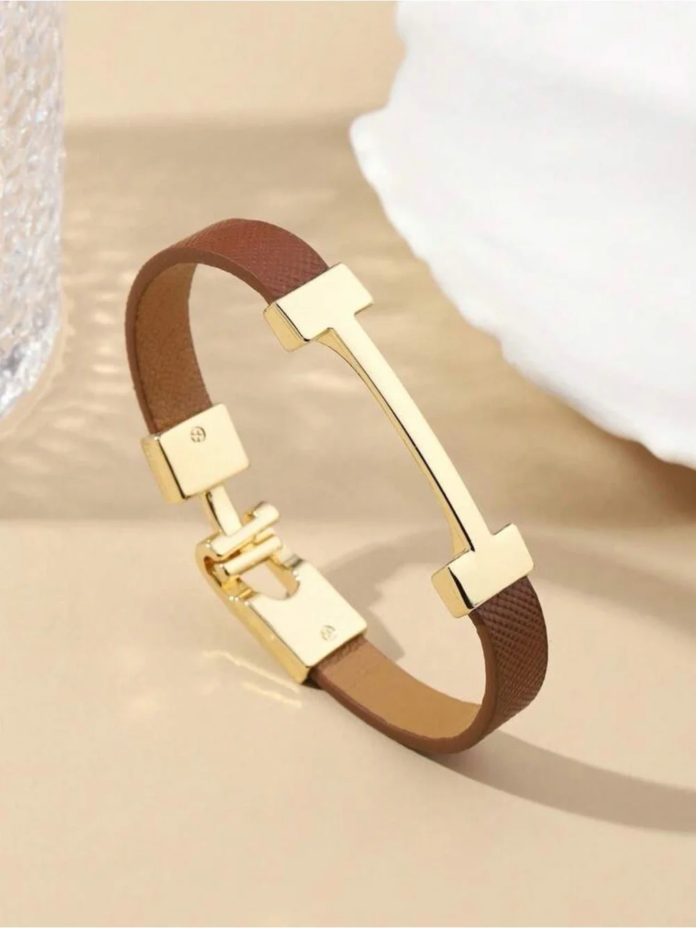 Gold-Tone Hardware Brown Leather Bracelet